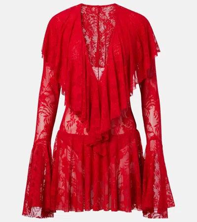 Norma Kamali Ruffled Semi-sheer Lace Minidress In Tiger Red