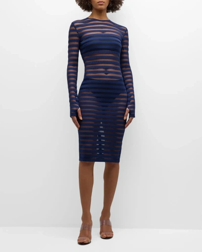 Norma Kamali Semi-sheer Striped Long-sleeve Dress In True Navy