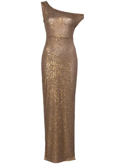Norma Kamali Long Drop Sequin Gold Dress In Metallic