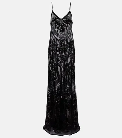 Norma Kamali Sequined Semi-sheer Gown In Black