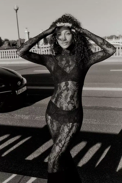 Norma Kamali Sheer Lace Long-sleeve High-neck Maxi Dress In Black