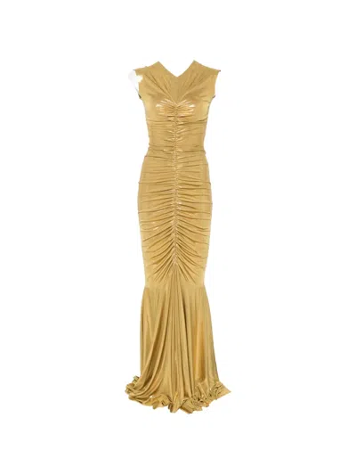 Norma Kamali Shirred Fishtail Maxi Dress In Brown