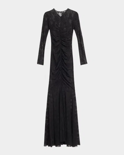 Norma Kamali Shirred Floral Lace Fishtail Gown In Black
