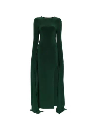 Norma Kamali Open Back Ribbon Sleeve Wide Slit Gown In Green
