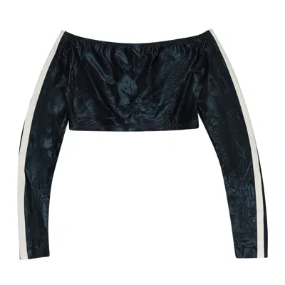 Norma Kamali Side Stripe Off Shoulder Black Crop Top