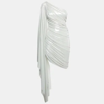 Norma Kamali Silver Lamé Jersey Long One Shoulder Ruched Mini Dress Xxs