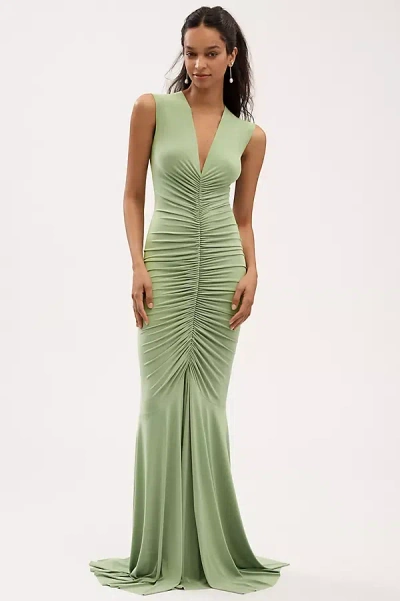 Norma Kamali Sleeveless Deep V-neck Shirred Stretch Jersey Fishtail Gown In Green