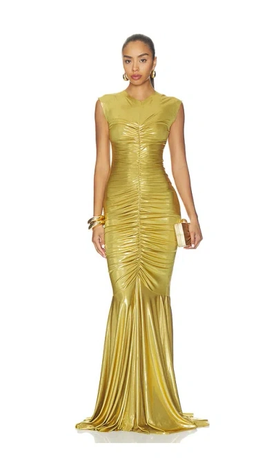 Norma Kamali Sleeveless V Neck Fishtail Gown In Gold