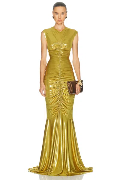 Norma Kamali Sleeveless V Neck Shirred Front Fishtail Gown In Yellow