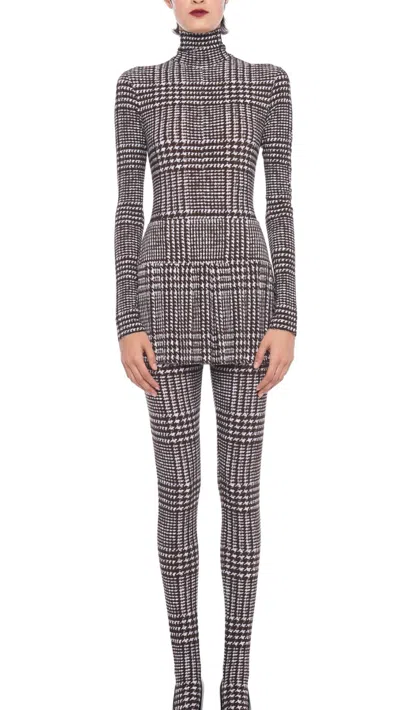 Norma Kamali Slim Fit Long Sleeve Turtle Top In Chocolate Glen Plaid In Multi