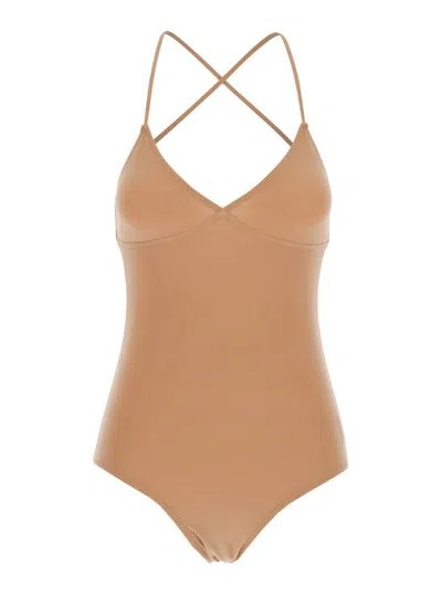 NORMA KAMALI 'SLIP MIO' BEIGE TOP WITH V-NECK AND CROSSED STRAPS IN TECH FABRIC WOMAN