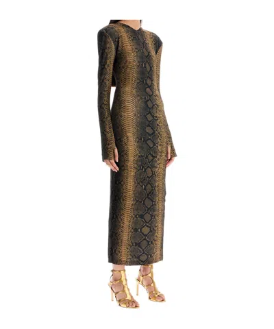 Norma Kamali Brown Slim Fit Long Python Effect Dress