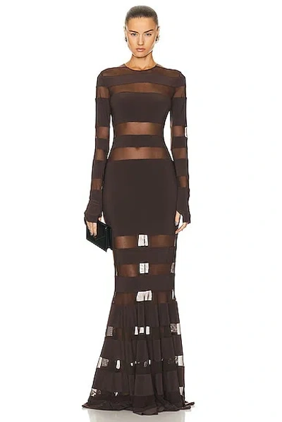 Norma Kamali Spliced Dress Fishtail Gown In Chocolate Mesh
