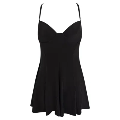 Pre-owned Norma Kamali S/s 1992  Black Stretch Bustier Bodysuit Flared Mini Dress M