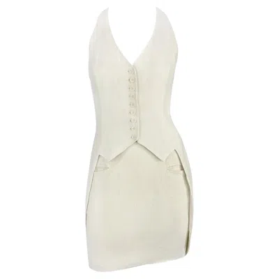 Pre-owned Norma Kamali S/s 1994  Runway Crinkled Off-white Linen Cropped Vest Skirt Set 4 In Sand