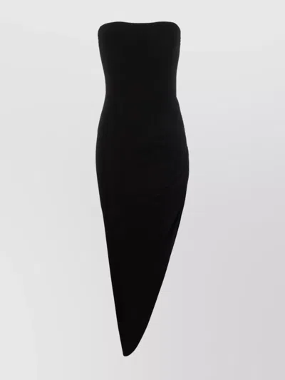 Norma Kamali Strapless Fitted Midi Dress With Asymmetric Hem In Black