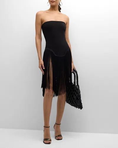 Norma Kamali 18" Fringe Bishop Strapless Minidress In Black