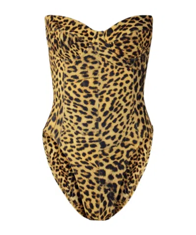 Norma Kamali Strapless Leopard-print Swimsuit In Brown