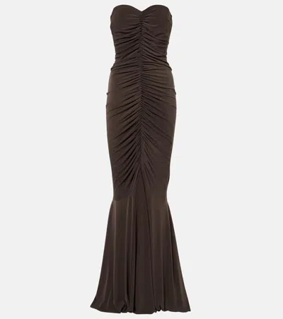 Norma Kamali Strapless Ruched Jersey Gown In Brown