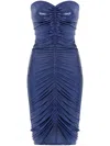 Norma Kamali Strapless Shirred Front Dress To Knee In Blue