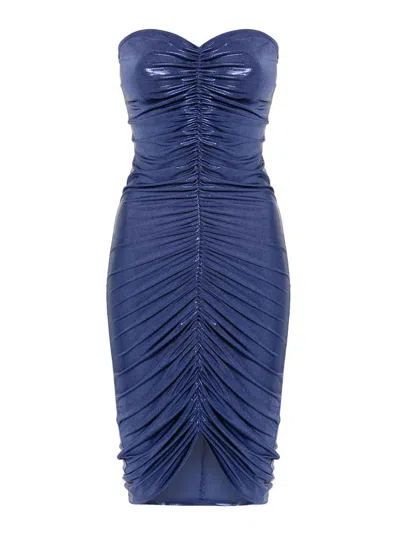 Norma Kamali Strapless Shirred Front Dress To Knee In Blue