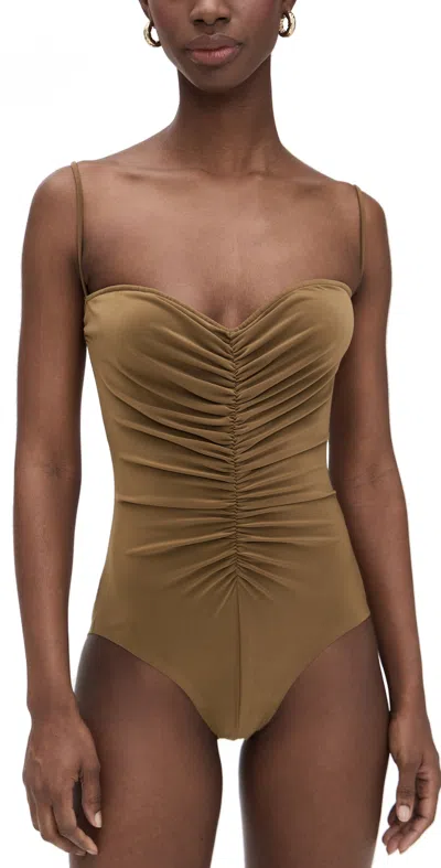 Norma Kamali Strapless Shirred Front Mio One Piece Bronze In Brown