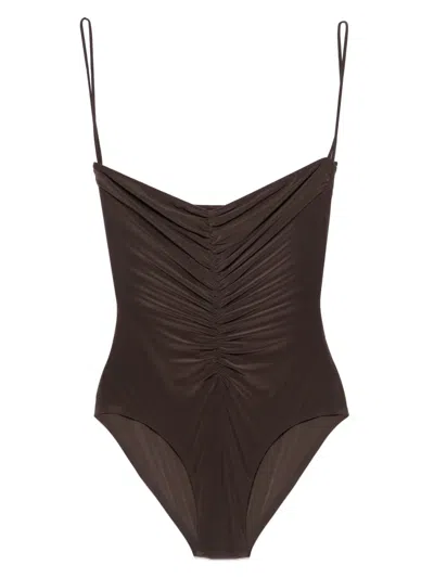 Norma Kamali Strapless Shirred Swimsuit In Brown