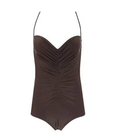 Norma Kamali Strapless Shirred Swimsuit In Espresso