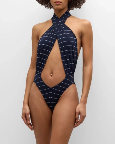 Norma Kamali Striped Crisscross Backless Halter One-piece Swimsuit In True Navy Pinstri
