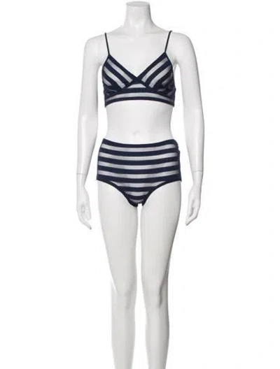 Pre-owned Norma Kamali Striped Mesh Accents Bikini In Blue