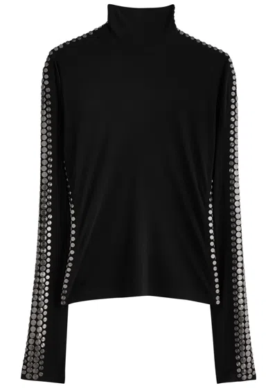 Norma Kamali Gunmetal Stud Slim Fit Long Sleeve Turtleneck Top Black
