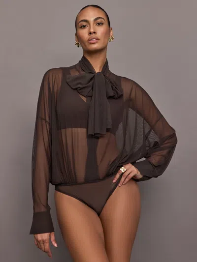 Norma Kamali Super Oversized Boyfriend Shirt Bow Bodysuit In Espresso