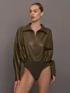 Norma Kamali Super Oversized Boyfriend Nk Shirt Bodysuit In Brown