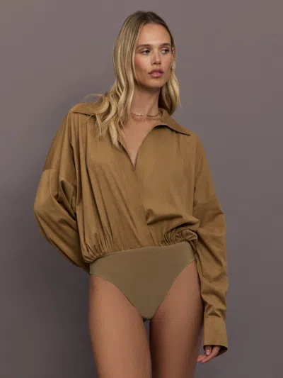 Norma Kamali Super Oversized Boyfriend Shirt Bodysuit In Brown