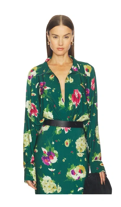 Norma Kamali Super Oversized Boyfriend Shirt Bodysuit In Green