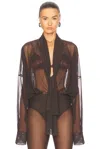 Norma Kamali Super Oversized Boyfriend Shirt Bow Bodysuit In Espresso