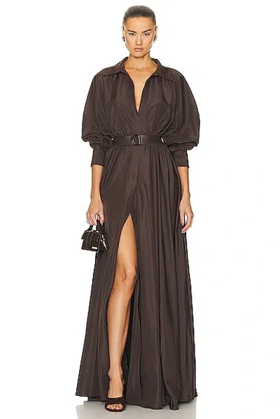 Norma Kamali Super Oversized Boyfriend Shirt Flared Gown In Chocolate