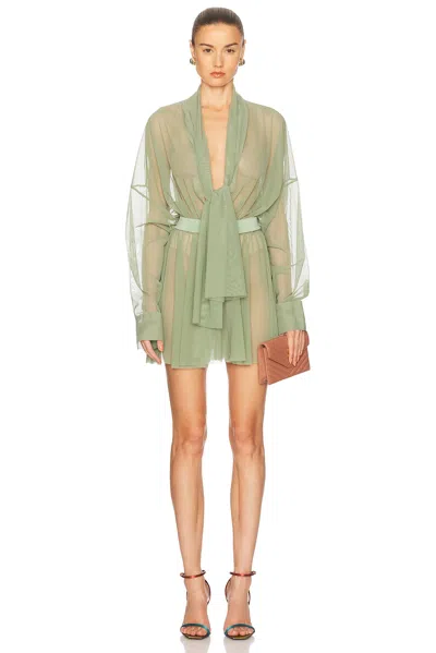 Norma Kamali Super Oversized Boyfriend Shirt Flared Mini Dress With Bow In Vintage Green