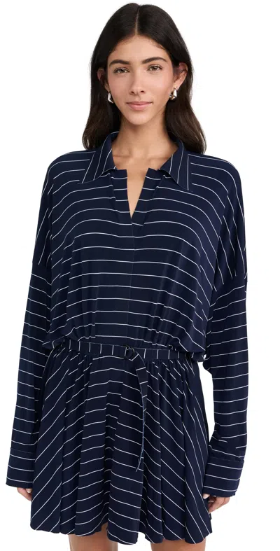 Norma Kamali Super Oversized Shirt Flared Mini Dress True Navy Pinstripe