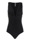 Norma Kamali 'tara' Black Top With V-neck And Ruffle Details In Tech Fabric Woman In Black