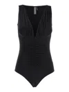 Norma Kamali 'tara' Black Top With V-neck And Ruffle Details In Tech Fabric Woman In Black