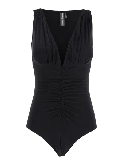 NORMA KAMALI TARA BLACK TOP WITH V-NECK AND RUFFLE DETAILS IN TECH FABRIC WOMAN