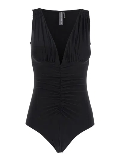 Norma Kamali 'tara' Black Top With V-neck And Ruffle Details In Tech Fabric Woman