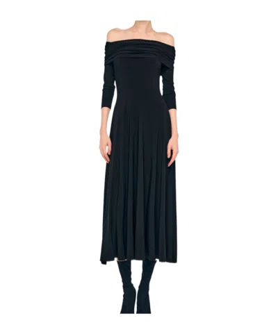 Norma Kamali Three-quarter Sleeve Pleated Flared Skirt In Black