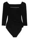 Norma Kamali Draped Black Bodysuit Top With Deep V-neckline In Black