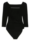Norma Kamali Draped Black Bodysuit Top With Deep V-neckline In Black