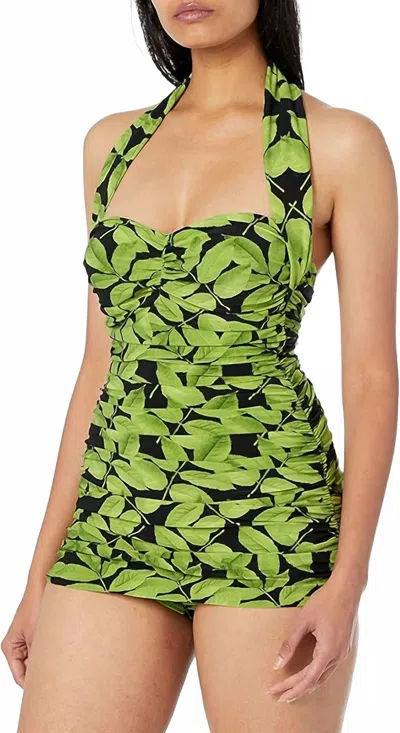 Norma Kamali Tree Print Halter Ruched One Piece Swimsuit In Multi In Green