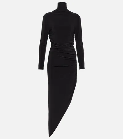 Norma Kamali Long Sleeve Shoulder Pad V Neck Side Drape Gown In Black