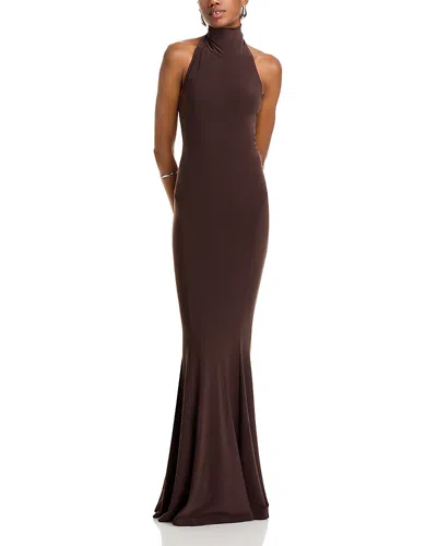 Norma Kamali Halter Turtle Fishtail Gown In Chocolate
