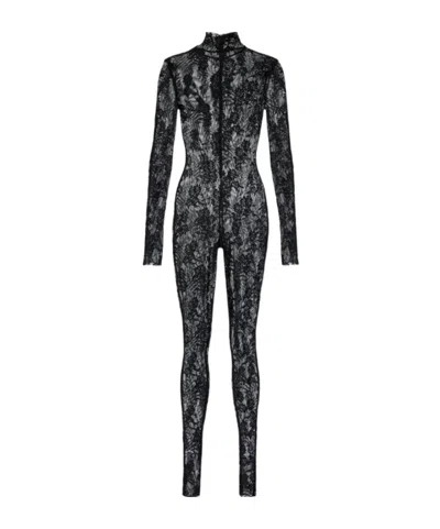Norma Kamali Turtleneck Lace Sheer Catsuit In Black